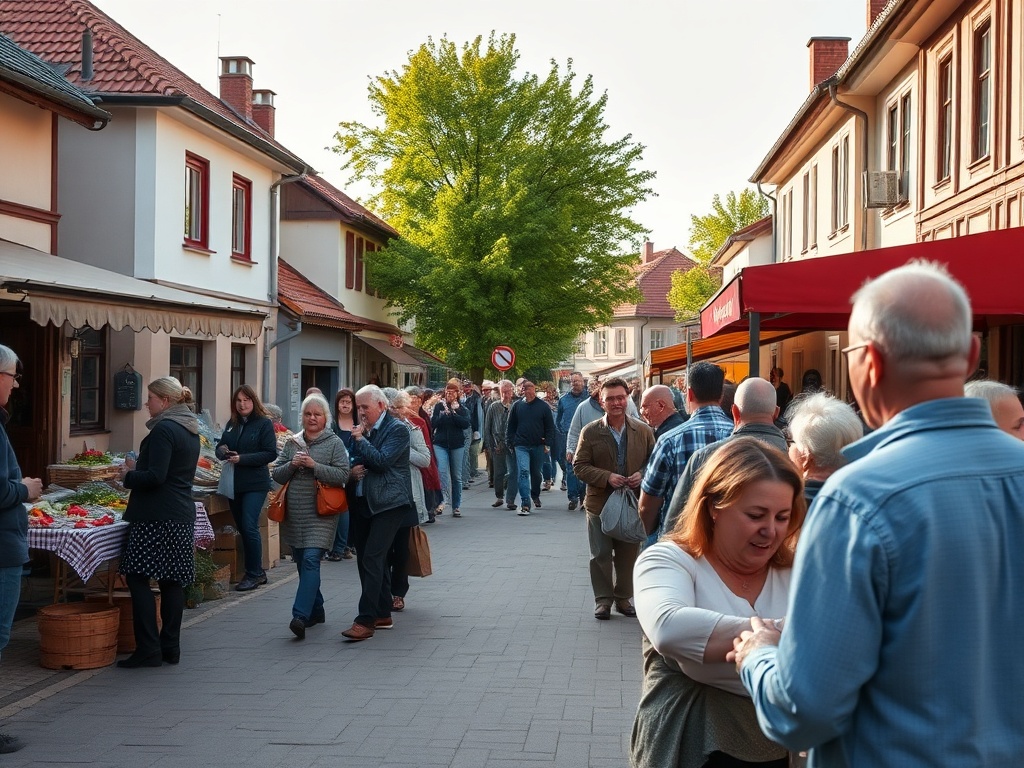 Ilustracja przedstawiająca radosne świętowanie majówki w Brzezinach, z elementami przyrody i lokalnej społeczności.