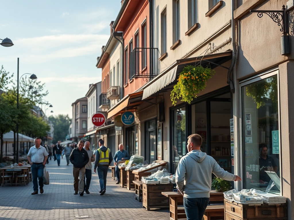 Widok na rynek w Brzezinach z elementami architektonicznymi i zielenią.